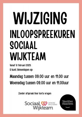 Wijziging! Vanaf februari 2 momenten per week een inloopspreekuur.