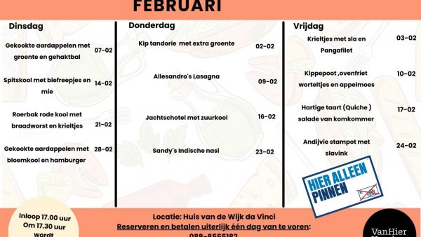 Menu van Februari. Wij verwachten u weer in grote getalen!