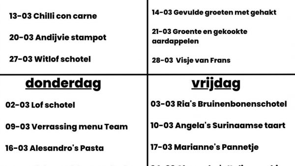 Menu van de Maand Maart (incl de 4de dag op Maandag)