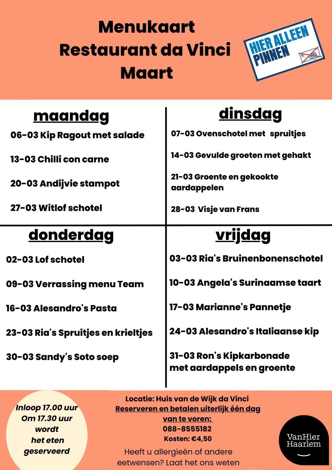 Menu van de Maand Maart (incl de 4de dag op Maandag)