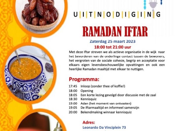 Geef je op voor de IFTAR, georganiseerd door de Brug/Buurtouders in Huis van de Wijk da Vinci.