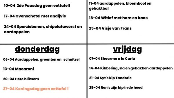 April doet wat die wil….Welk weer het ook is, kom gewoon gezellig eten!