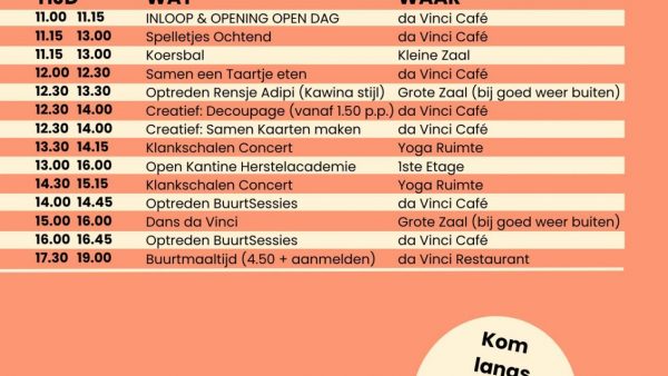21 Maart, de eerste lentedag EN ook de dag dat het Huis van de Wijk da Vinci de deuren wagenwijd open zet. Kom langs en kijk eens rond in da Vinci, doe mee met de diverse activiteiten, luister naar verschillende optredens deze dag en beweeg en dans mee.